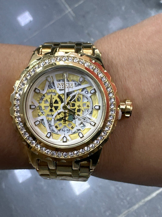 Reloj Dama Ivta Piedra Blanca Pulso Dorado