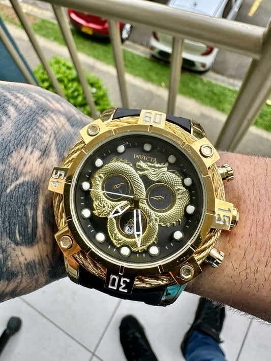 Reloj Invcta Marvel, Dragón, Bisel Caja Gold, Pulso Black